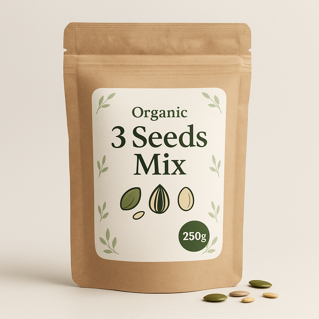 Organic 3 Seeds Mix 250g – Pumpkin, Sunflower & Watermelon Seeds packaged bag mockup
