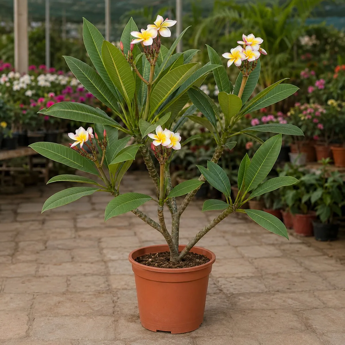 Frangipani (Champa) photographed at a professional Lahore nursery