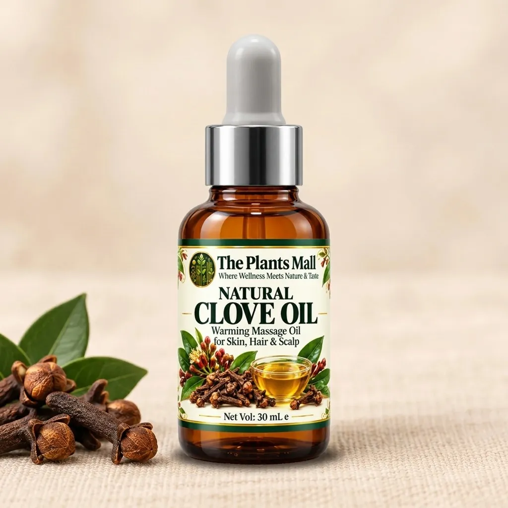 Front view of The Plants Mall Natural Clove Oil 30 mL amber dropper bottle with a silver collar and grey bulb on white.