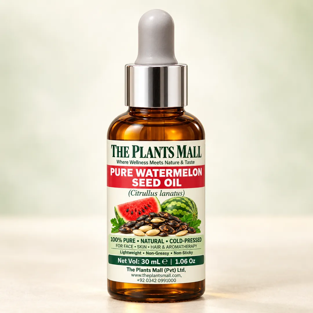 The Plants Mall Pure Watermelon Seed Oil, 30 mL, in an amber dropper bottle surrounded by watermelon, seeds and leaves.