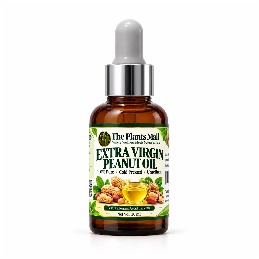 The Plants Mall Extra Virgin Peanut Oil 30 mL in an amber glass dropper bottle, front view on a white background.