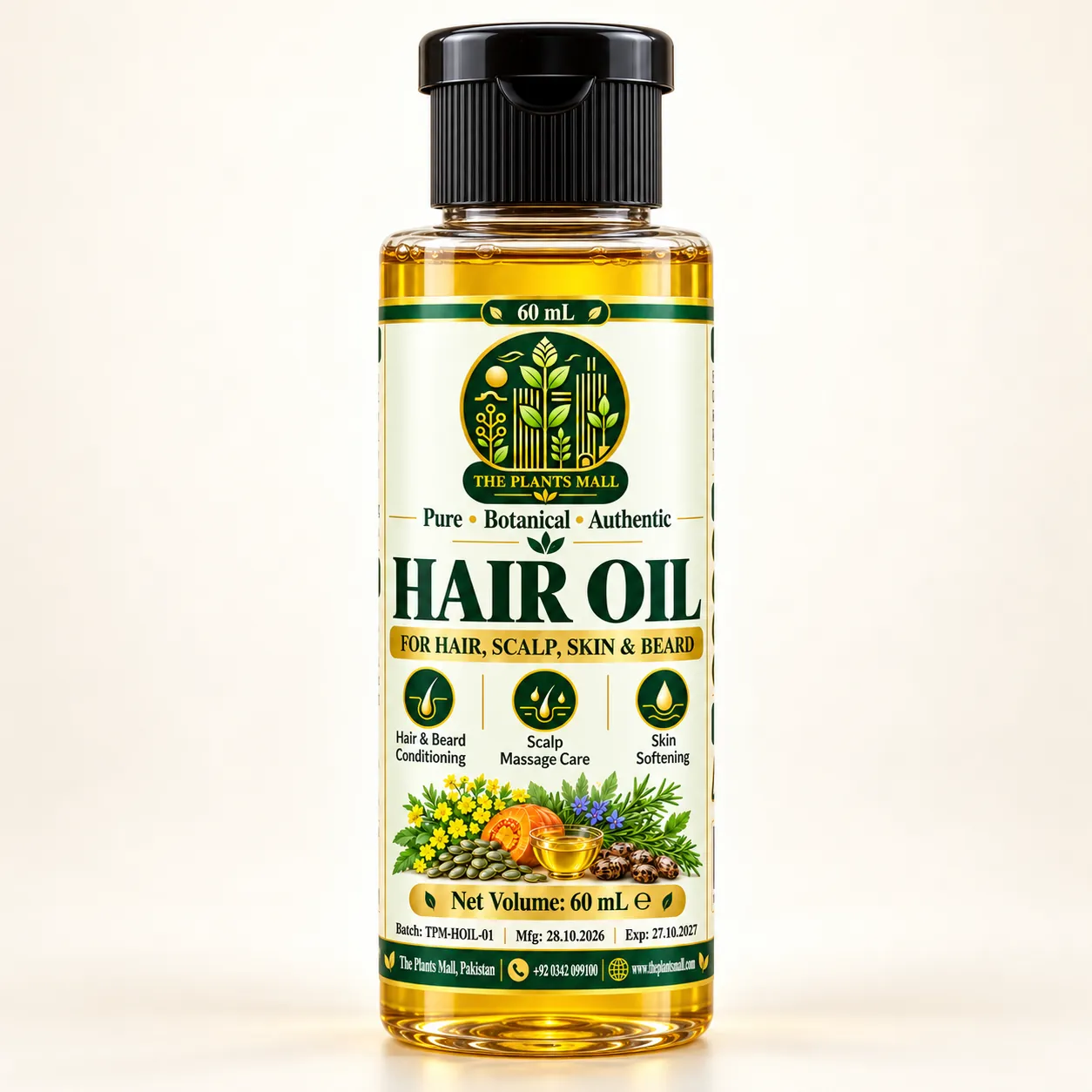 he Plants Mall 60 mL hair oil bottle filled with golden oil, showing the front label and net volume
