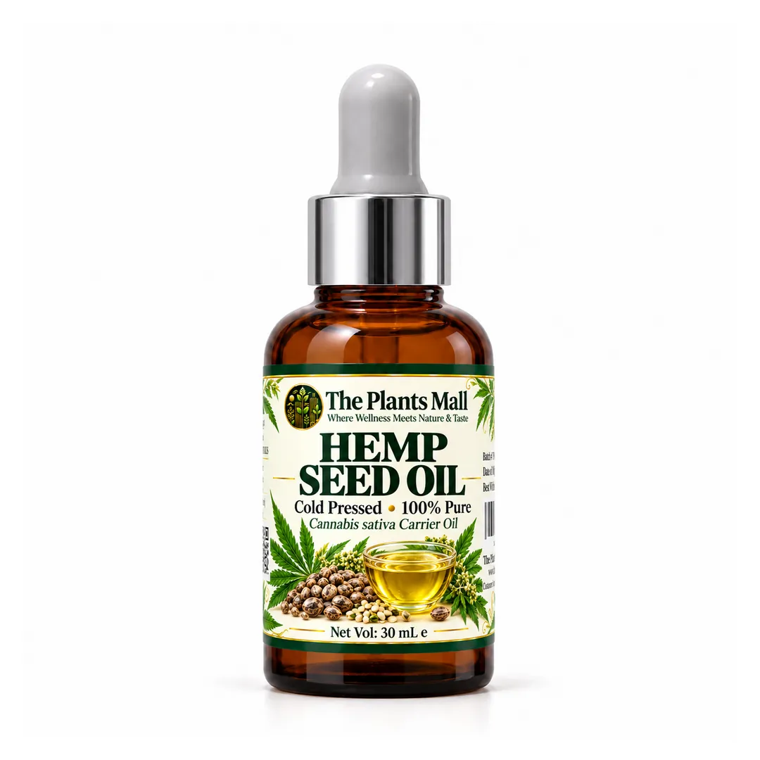 The Plants Mall Hemp Seed Oil 30 mL amber glass dropper bottle with a silver collar and grey bulb, front view on white.