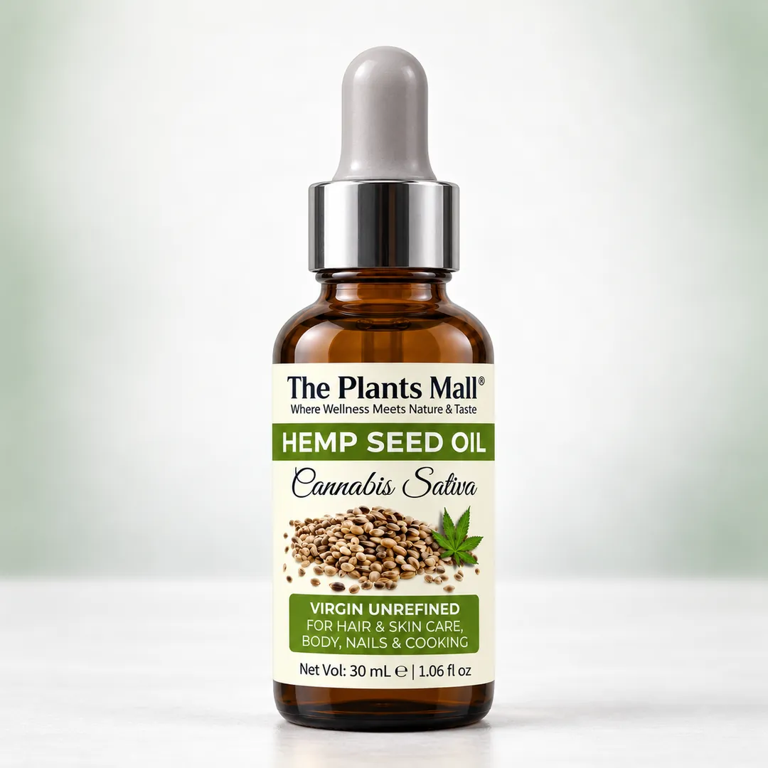 The Plants Mall cold pressed unrefined hemp seed oil for skin hair and body care.