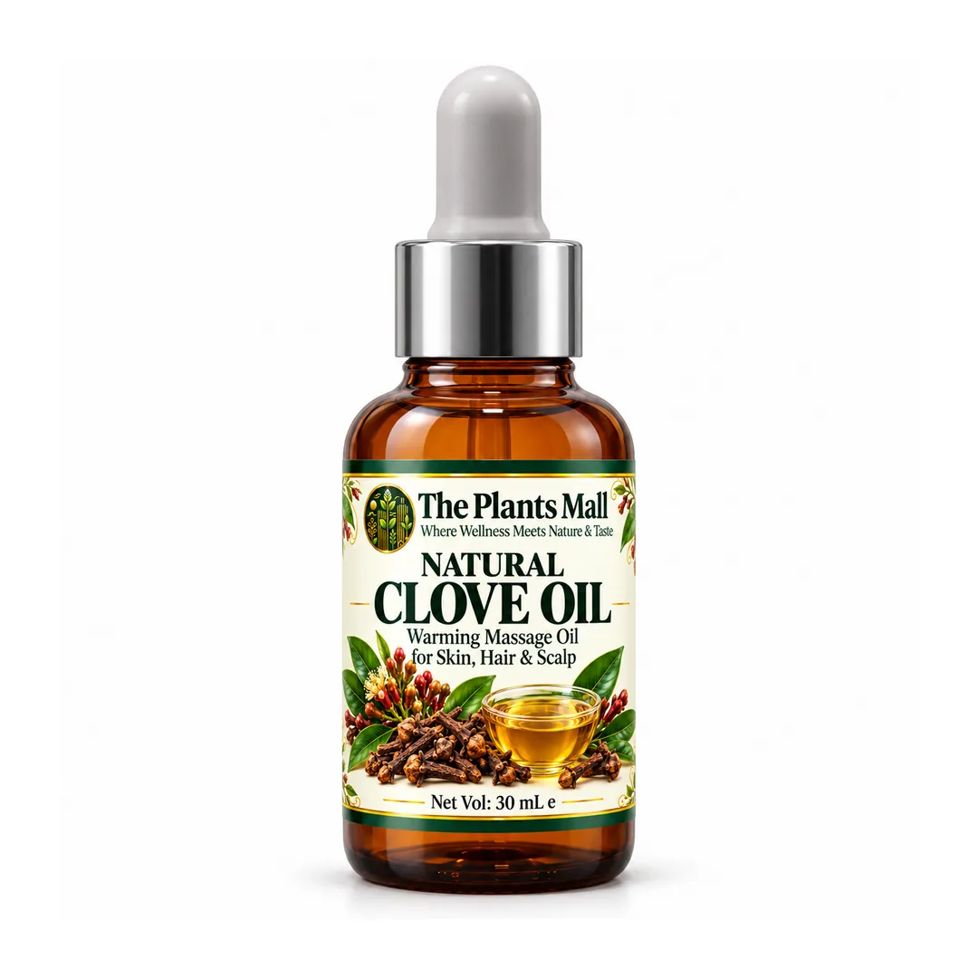 Front view of The Plants Mall Natural Clove Oil 30 mL amber dropper bottle with a silver collar and grey bulb on white.