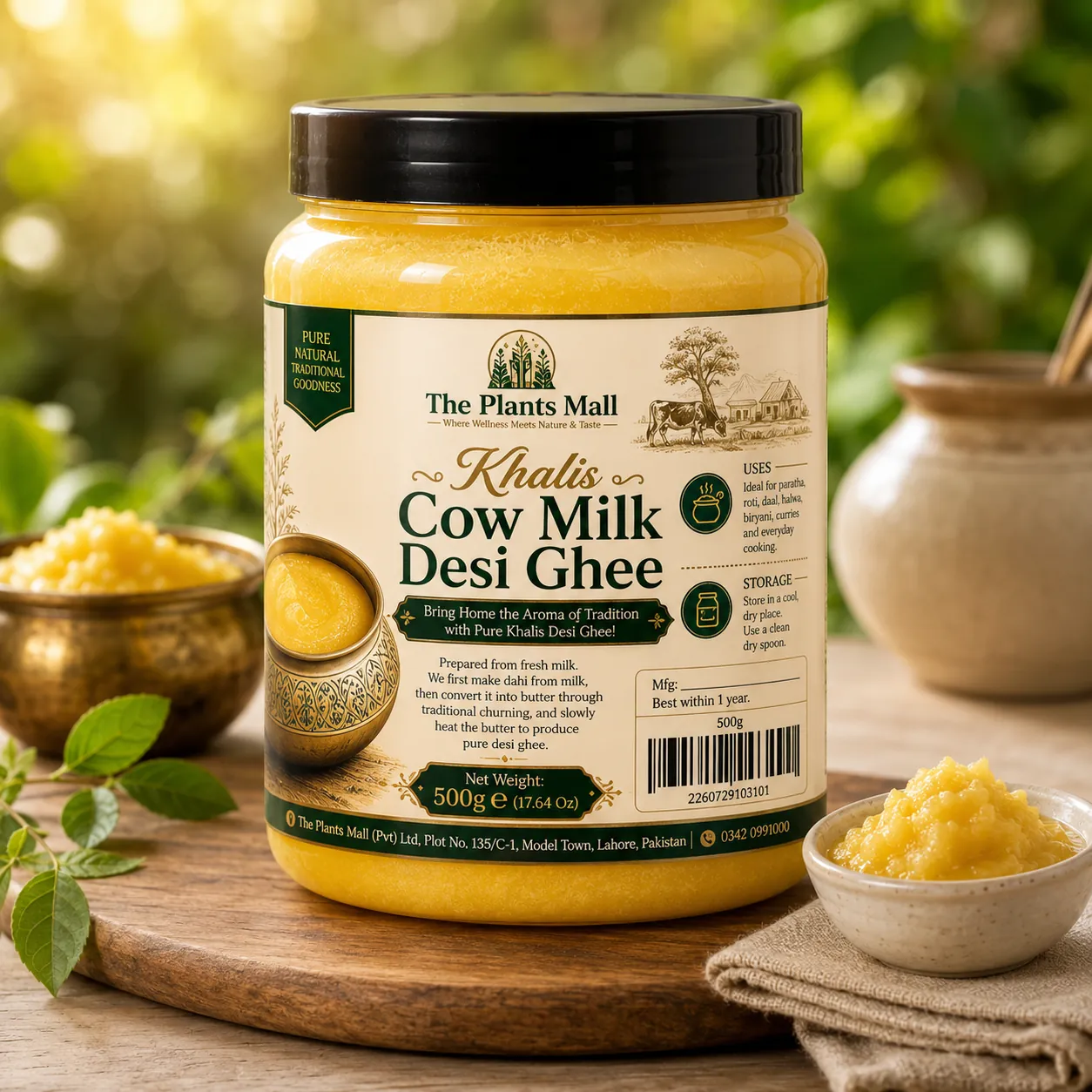 Golden pure desi ghee in open jar – Khalis Traditionally Churned Cow Ghee 