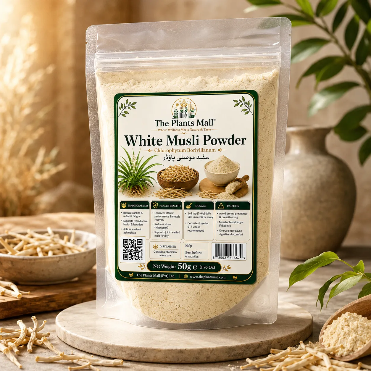 atural White Musli Powder with dried roots and herbal plant