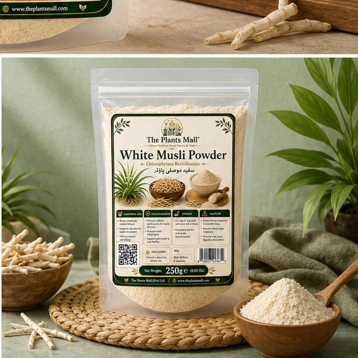 White Musli plant with dried roots and Safed Musli Powder