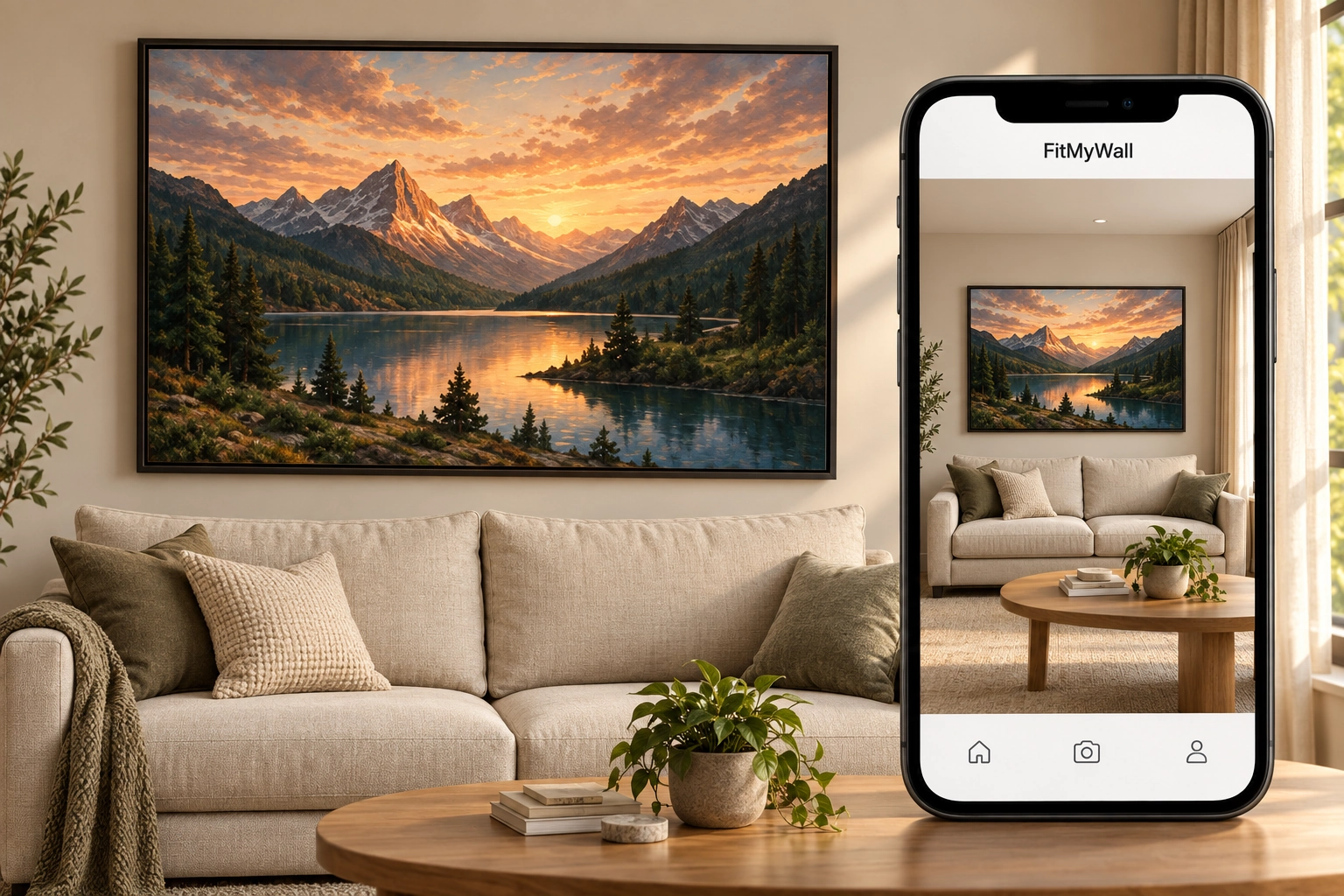 FitMyWall product illustration: detailed framed artwork in a living room with a matching mobile preview