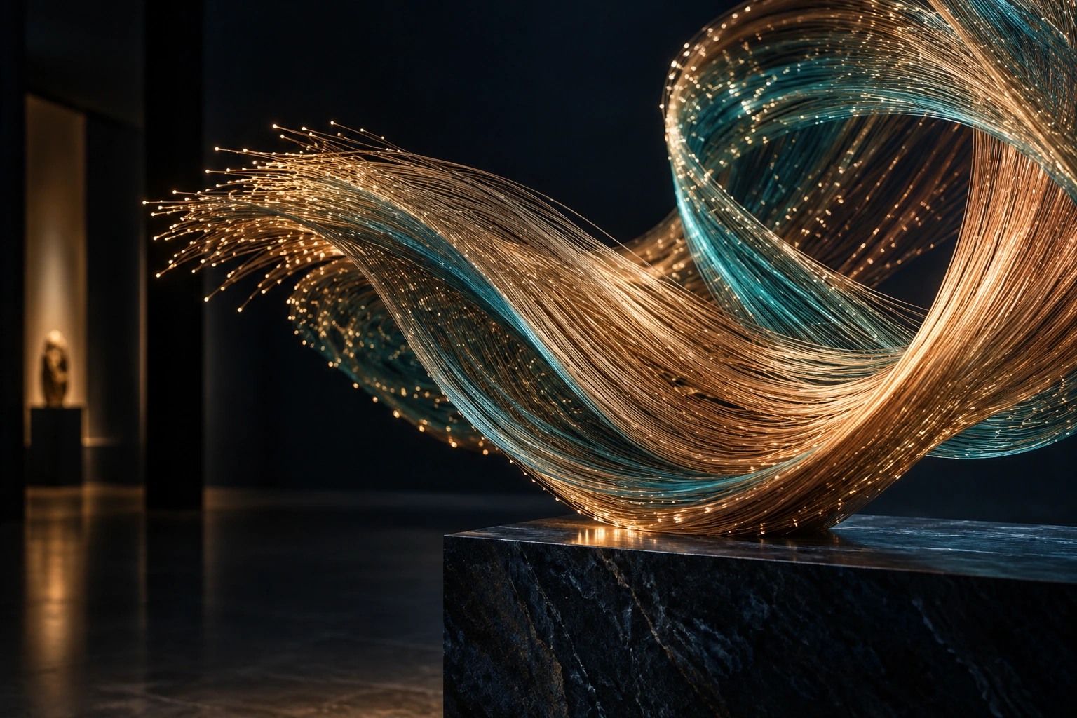 Copper and teal filament sculpture representing the connection between creativity and engineering.