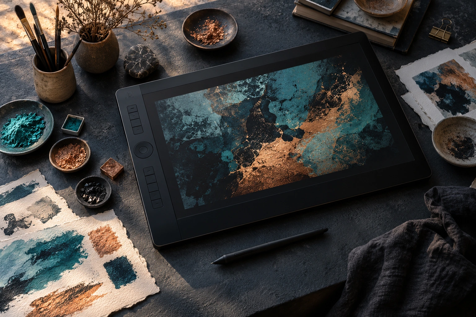 Concept illustration of a creative studio desk with a drawing tablet and artist materials.