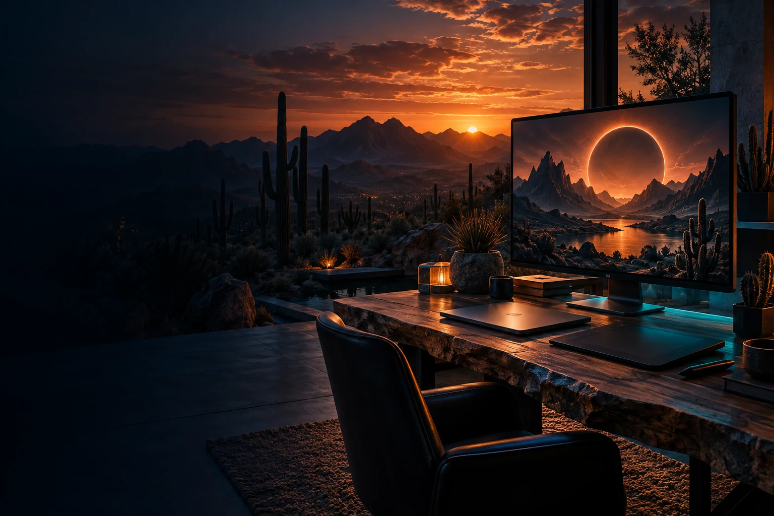 Digital art studio overlooking the Arizona desert at sunset