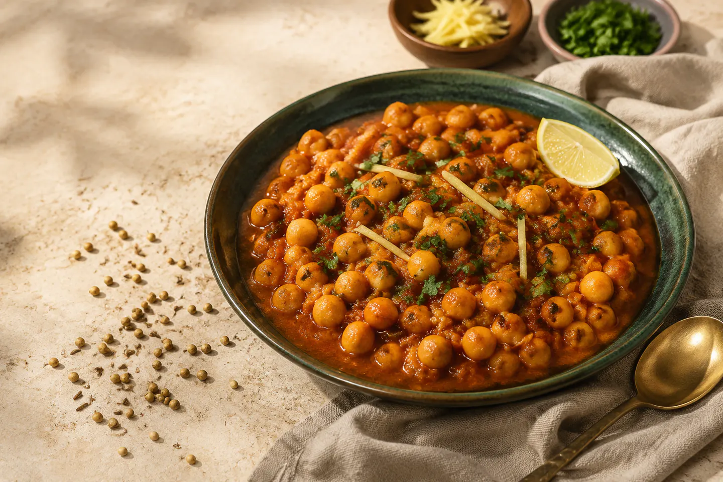 Lahori chana masala with whole chickpeas in a rich tomato-spice gravy, garnished with coriander, ginger and lemon
