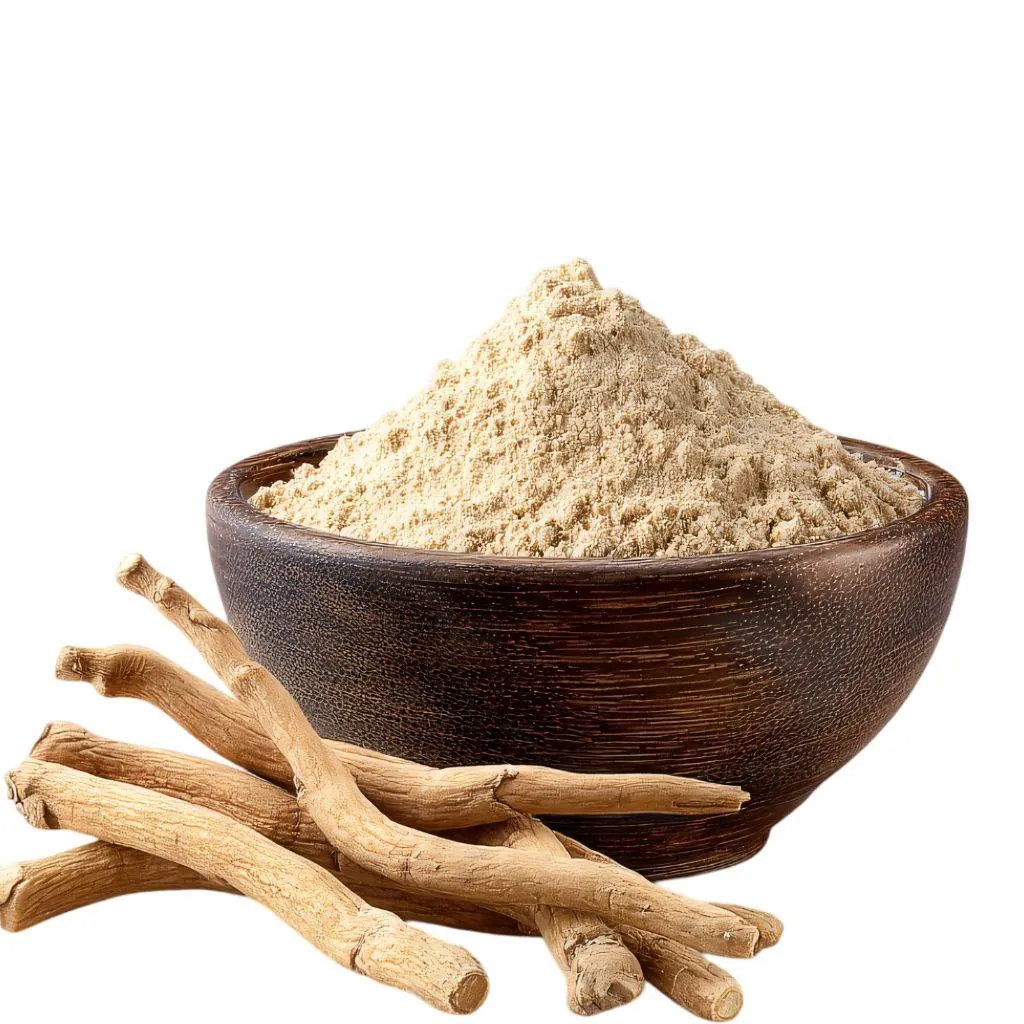 Ashwagandha Root Powder by The Plants Mall with dried Ashwagandha roots in a natural botanical setting