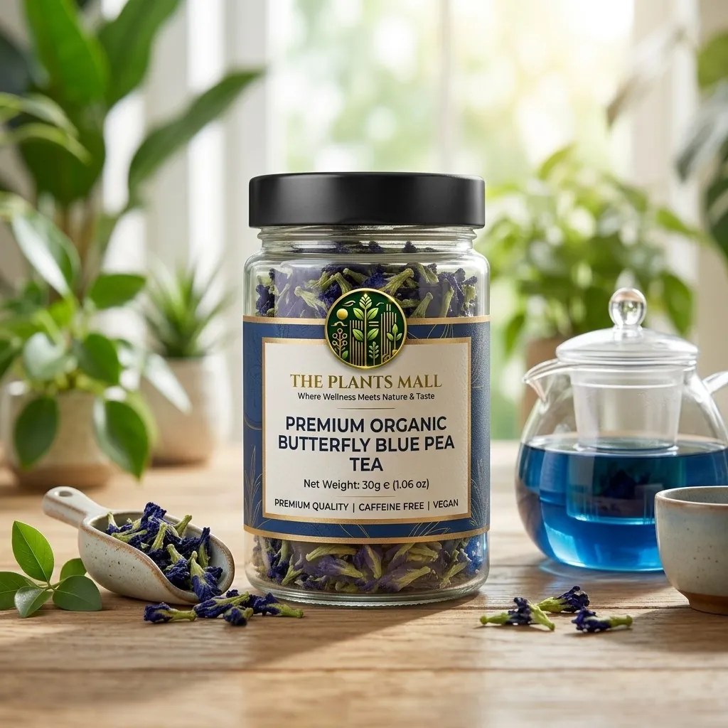 The Plants Mall Butterfly Blue Pea Tea 30g natural dried blue pea flowers herbal tea with a cup of vibrant blue tea.
