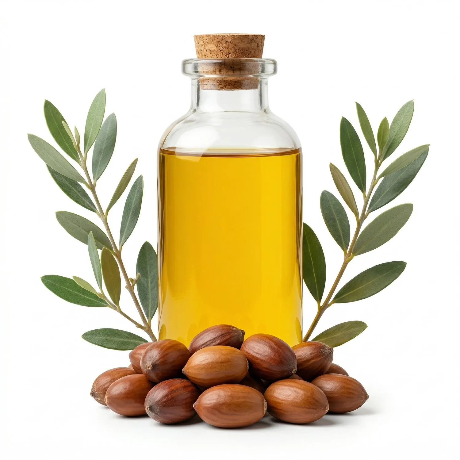 Jojoba Oil by The Plants Mall in a glass bottle with jojoba seeds and botanical leaves