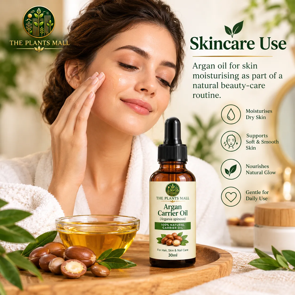 The Plants Mall Pure Moroccan Argan Carrier Oil 30ml amber bottle with dropper on a premium vanity background