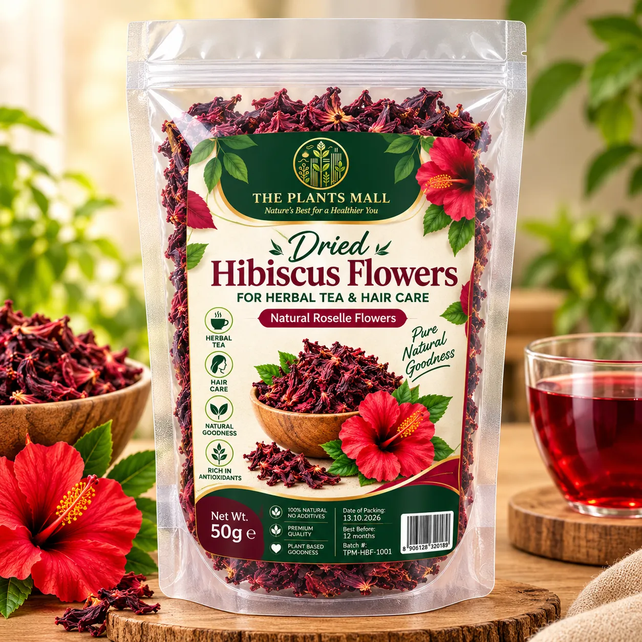 Dried Hibiscus Flowers (Roselle) in eco-friendly pouch – natural herbal tea for weight loss and hair care by The Plants Mall Pakistan