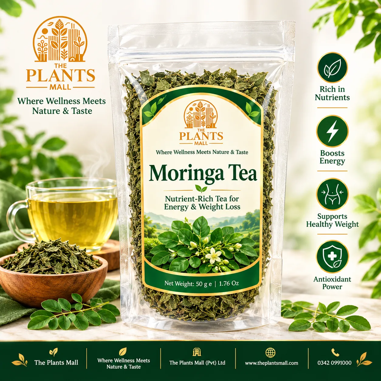 Moringa tea pouch displayed beside dried moringa leaves for herbal tea preparation