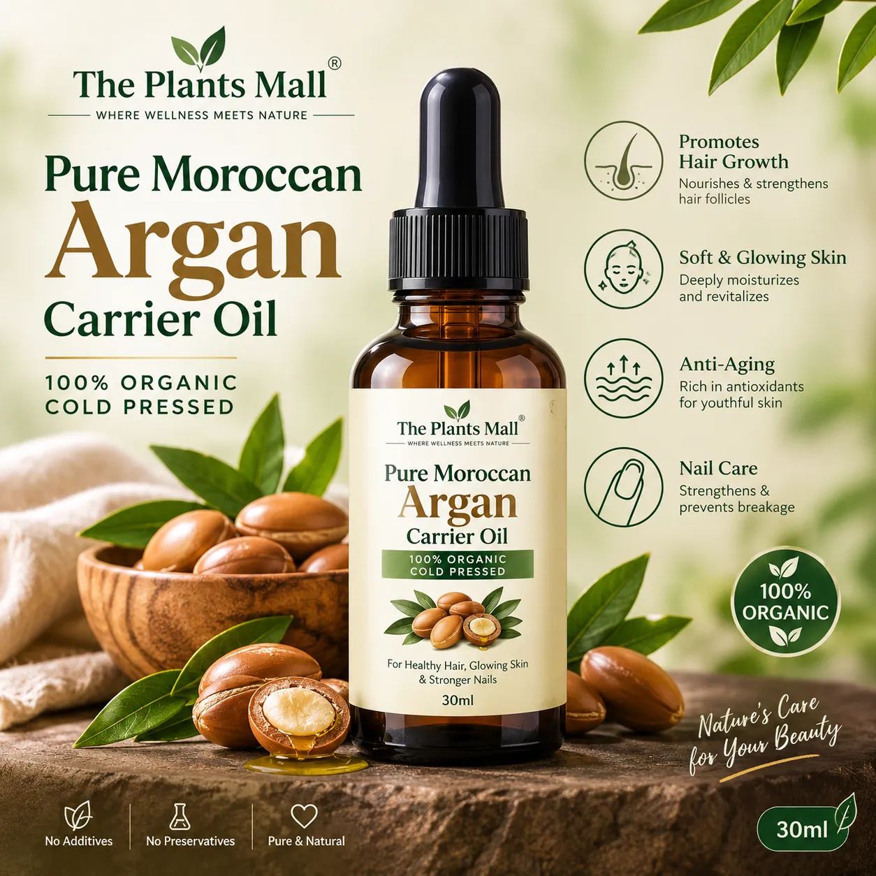 Applying a few drops of The Plants Mall Argan carrier oil from a glass dropper onto clean skin