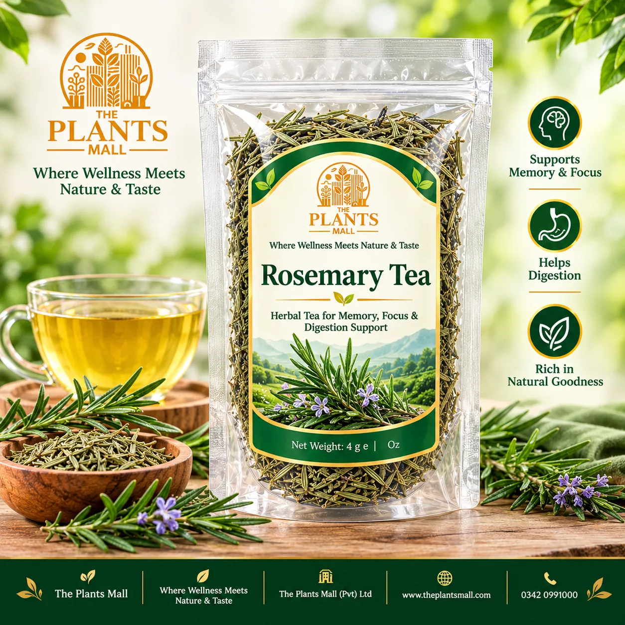 Rosemary tea pouch displayed beside dried rosemary leaves for herbal tea preparation
