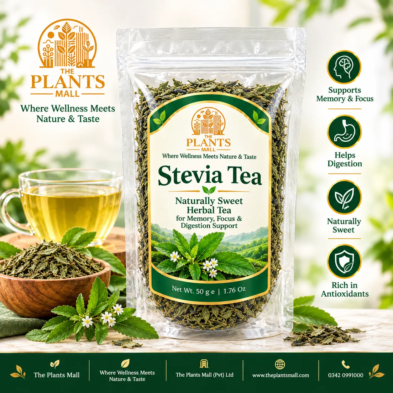 Stevia tea pouch displayed beside stevia leaves and a cup of tea